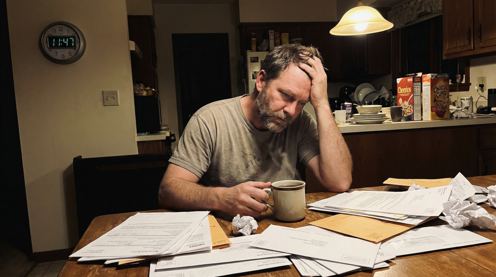 Tired American man at kitchen table late at night surrounded by bills, herbal tea steaming, clock showing 11:47 PM