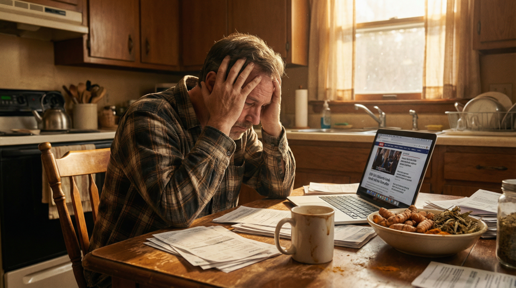 Man overwhelmed by bills and war news at kitchen table at dawn — cortisol crisis from economic stress