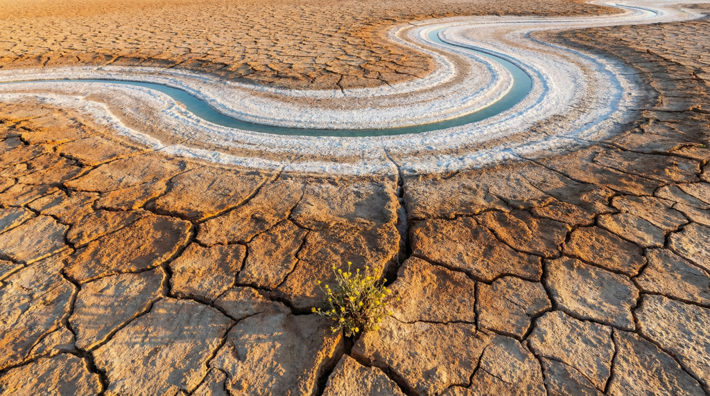 Cracked desert lakebed with a thin ribbon of water remaining, symbolizing the US water crisis