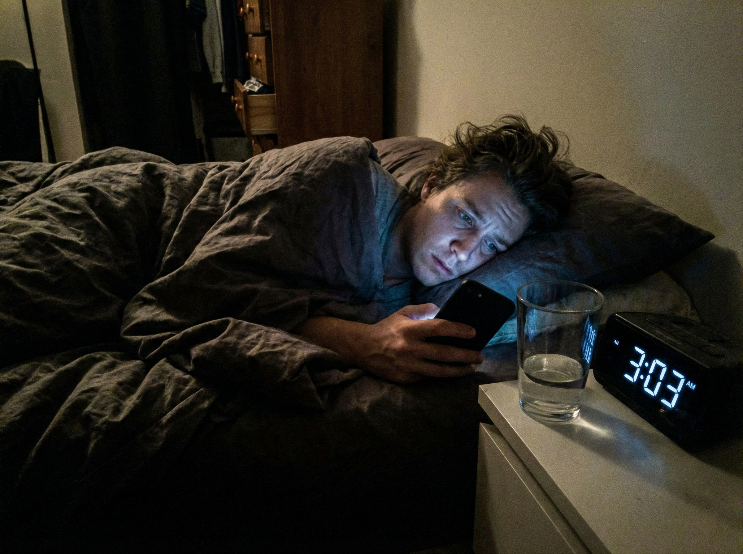 Person lying awake in bed at 3am with phone screen glowing, clock showing 3:03 AM, representing the sleep disruption caused by financial anxiety