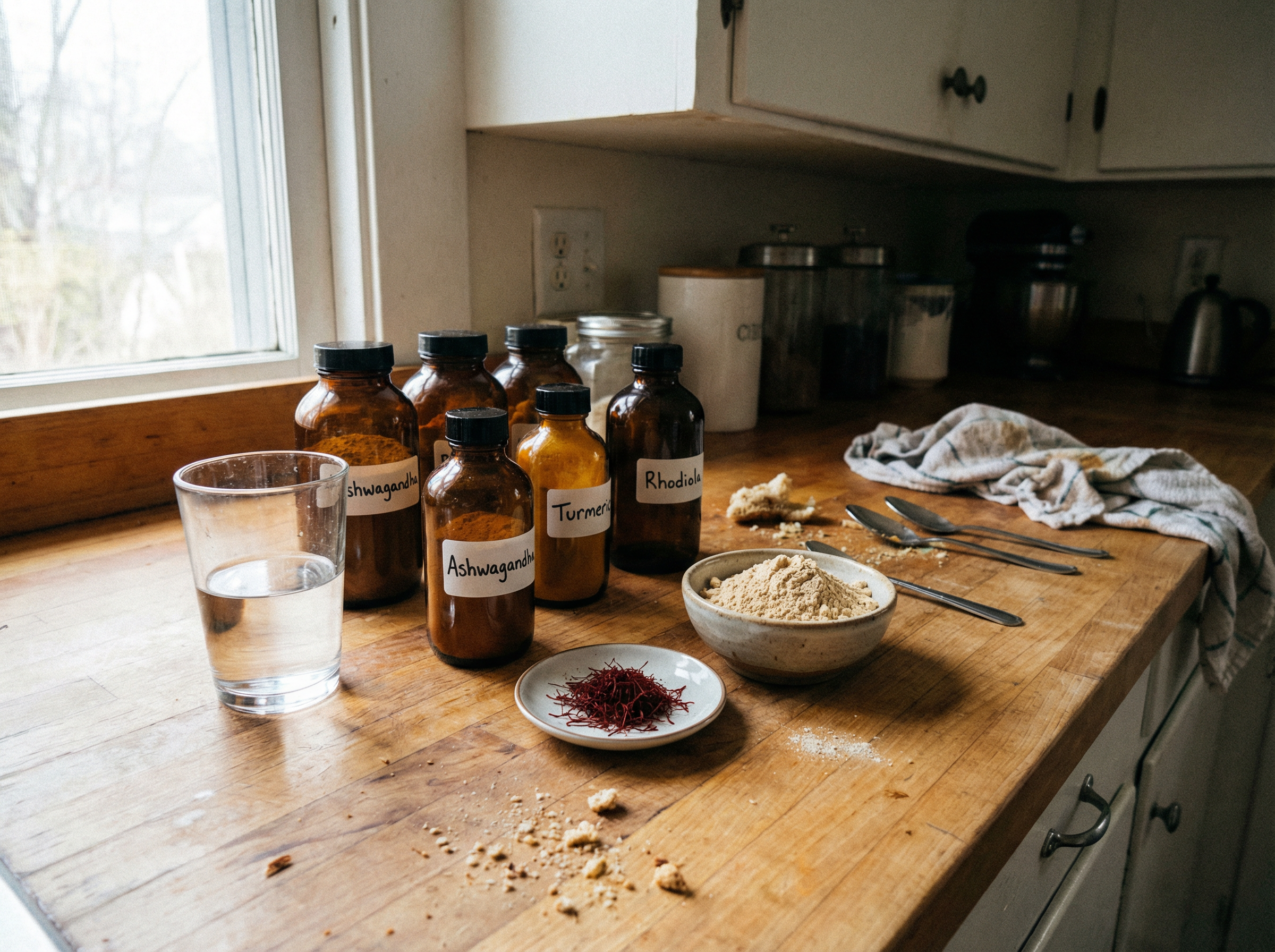 Herbal supplement bottles including ashwagandha and turmeric on a wooden kitchen counter with saffron threads and powder, natural morning light