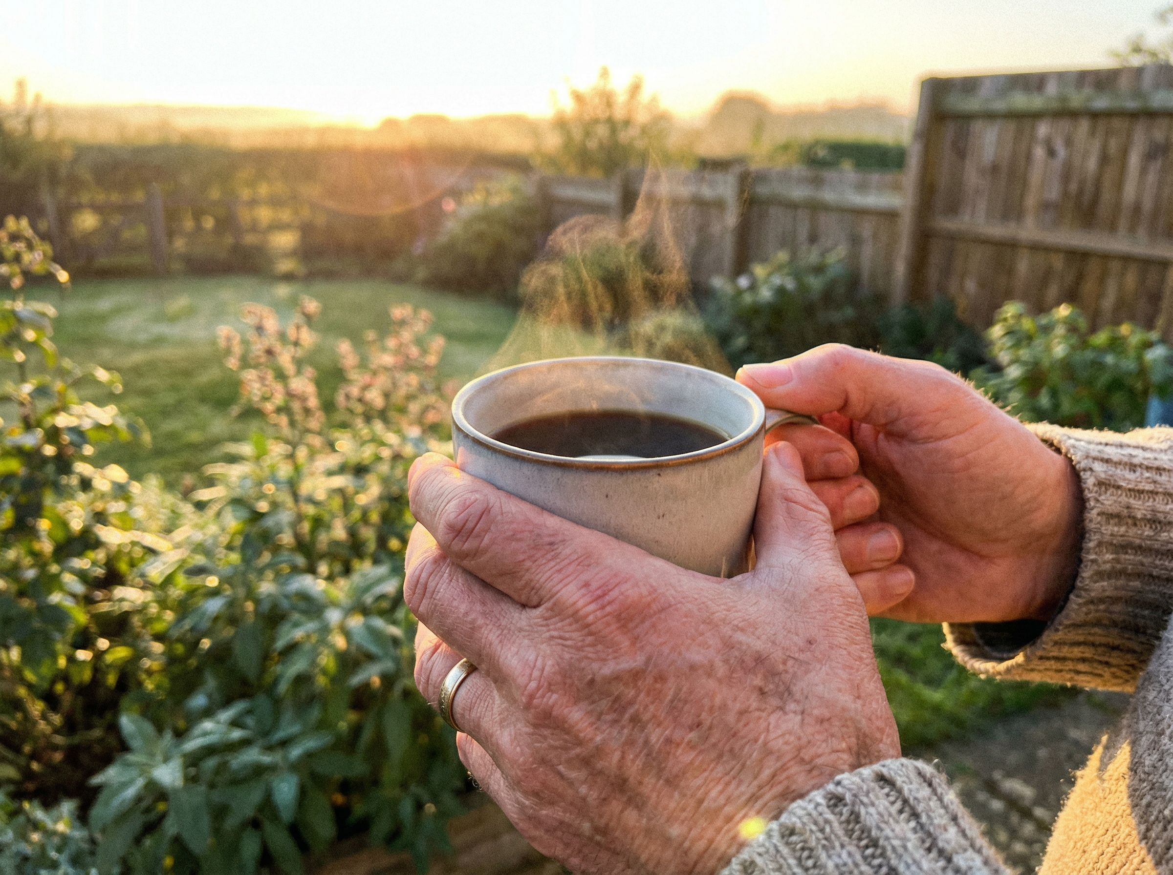 Hands holding a warm mug of herbal tea at sunrise in a garden, representing morning sovereignty and biological resilience