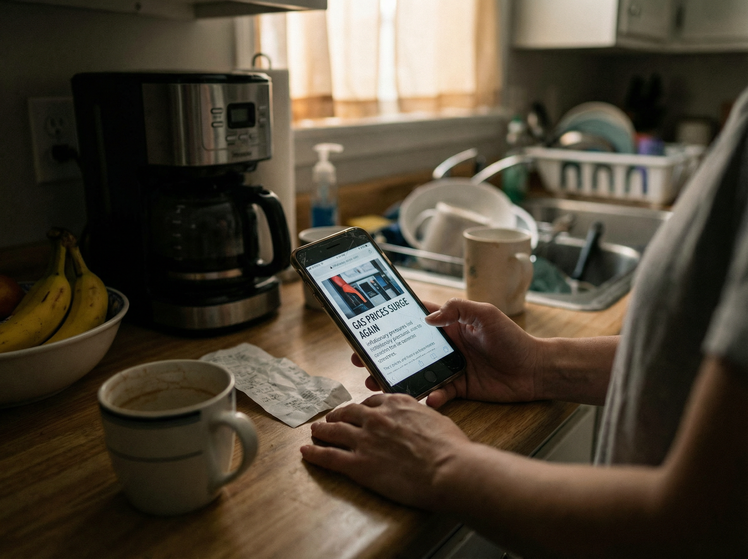 Woman reading inflation news on phone in kitchen, financial stress