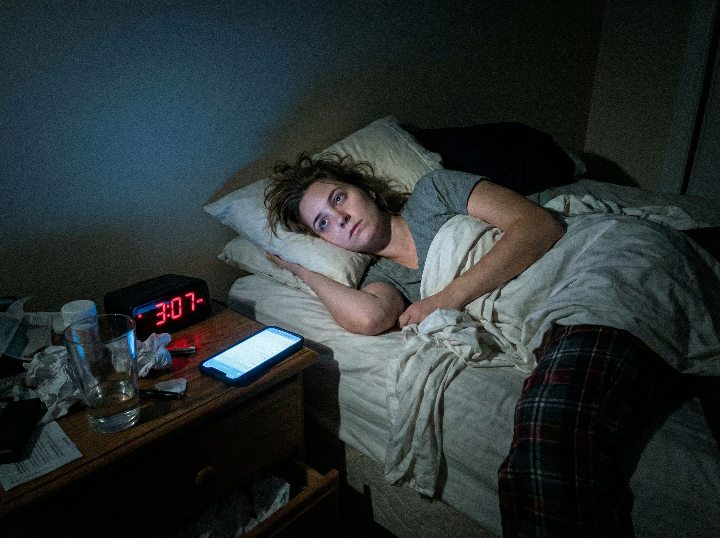 Person awake at 3am with insomnia, clock showing 3:07am, stress and anxiety