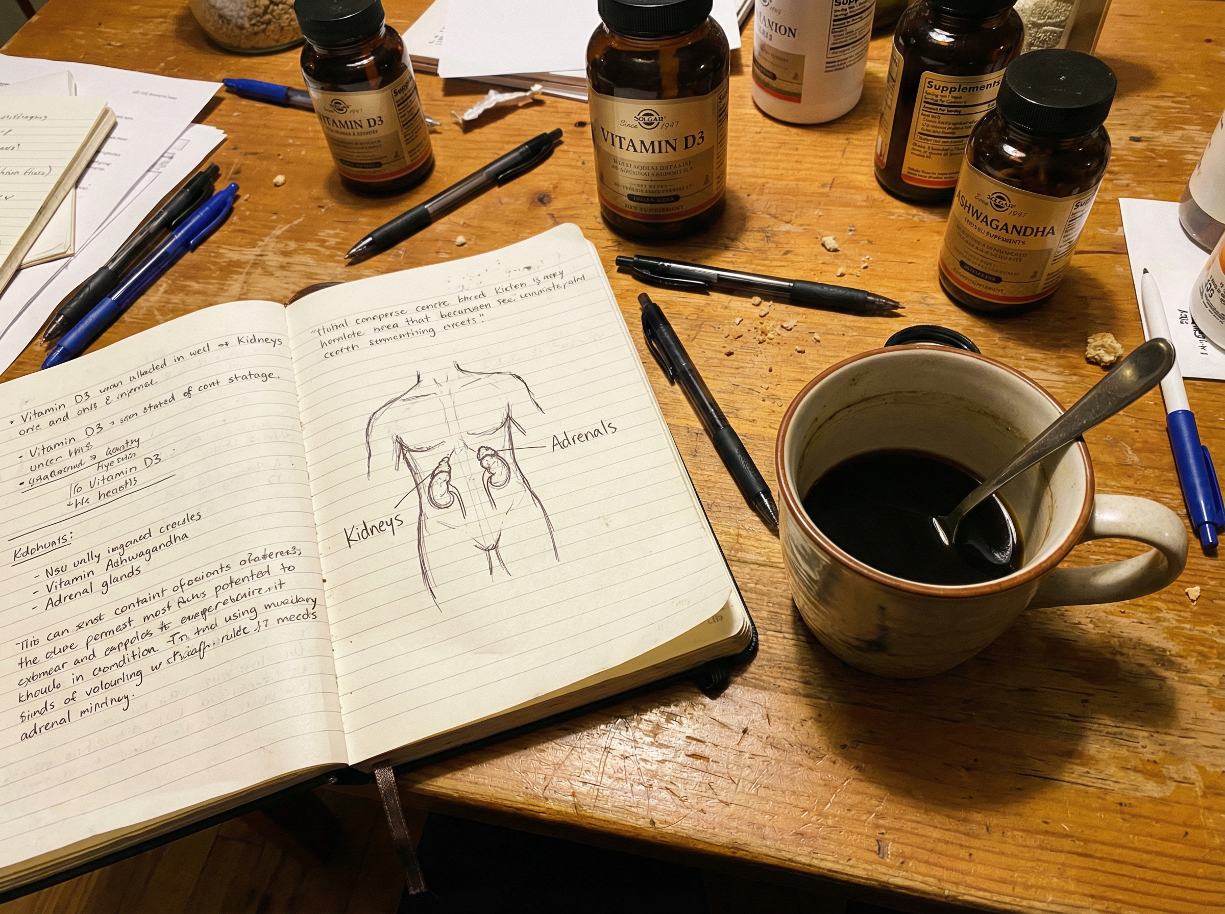 A messy desk with a handwritten notebook showing a crude diagram of the adrenal glands and cortisol spikes, next to a half-drunk cup of black coffee and scattered supplement bottles.