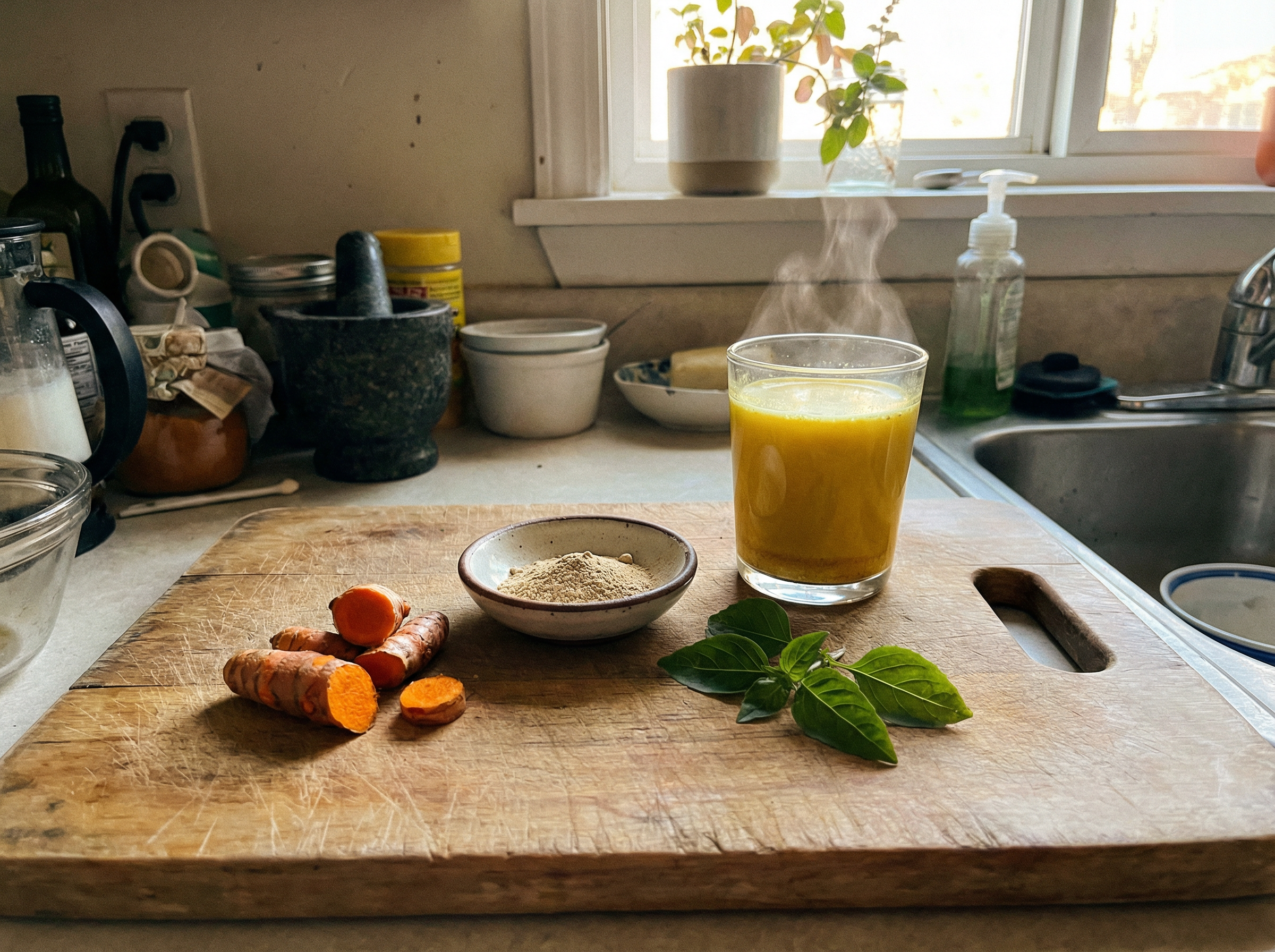 Fresh turmeric root, ashwagandha powder, holy basil leaves and golden milk on a kitchen cutting board