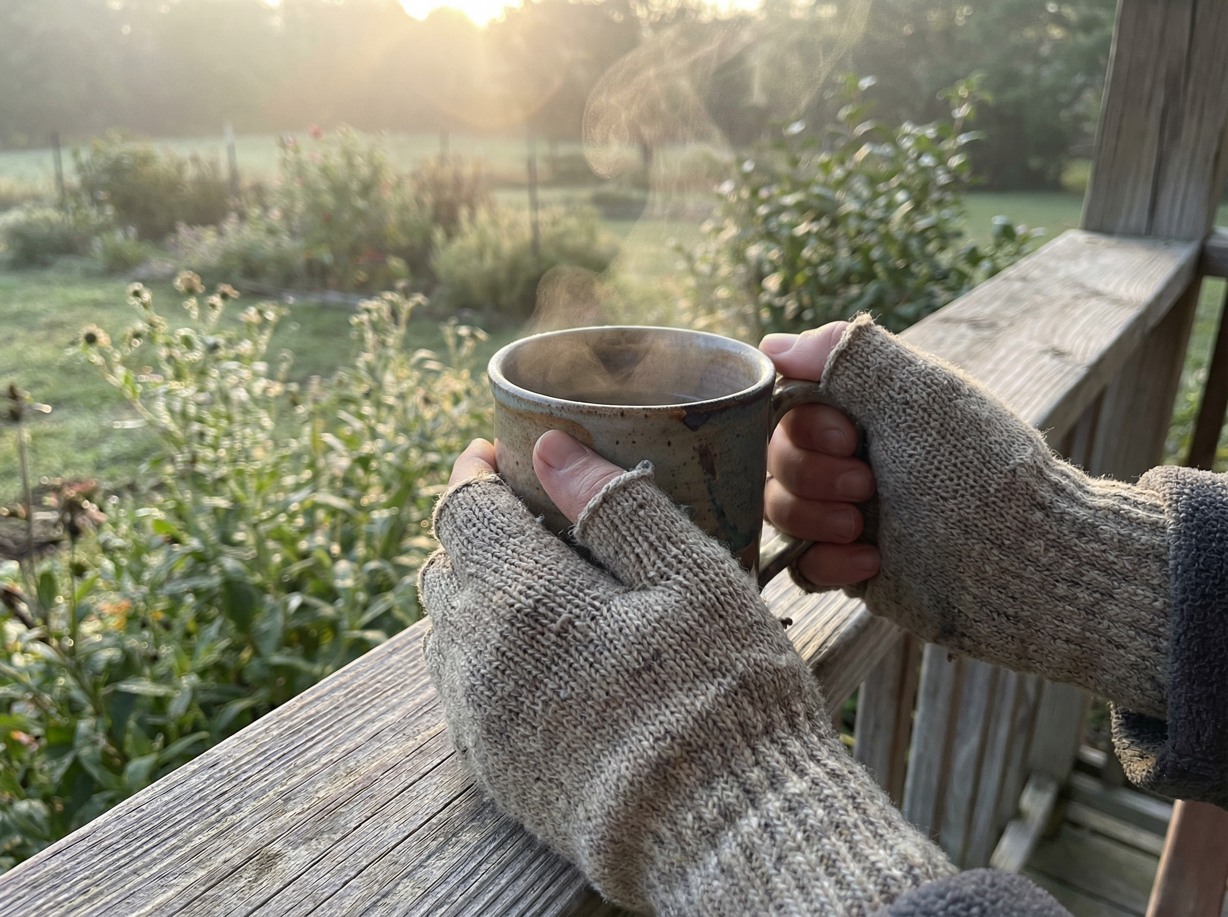 A person's hands holding a warm mug of herbal tea, sitting on a porch at sunrise, looking out over a quiet, dew-covered garden, conveying a sense of calm and readiness.
