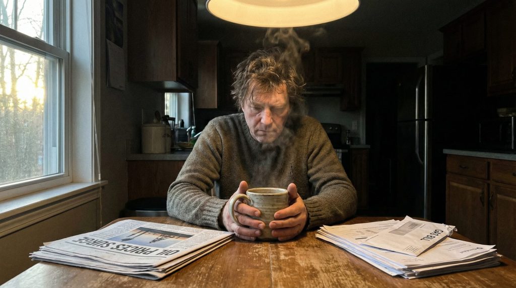 Person sitting at kitchen table with saffron tea, newspaper showing oil price surge, gas bill nearby
