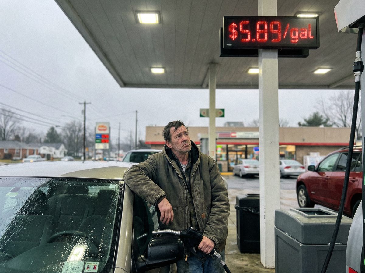 Person at gas station staring at $5.89 per gallon price display, looking exhausted and stressed
