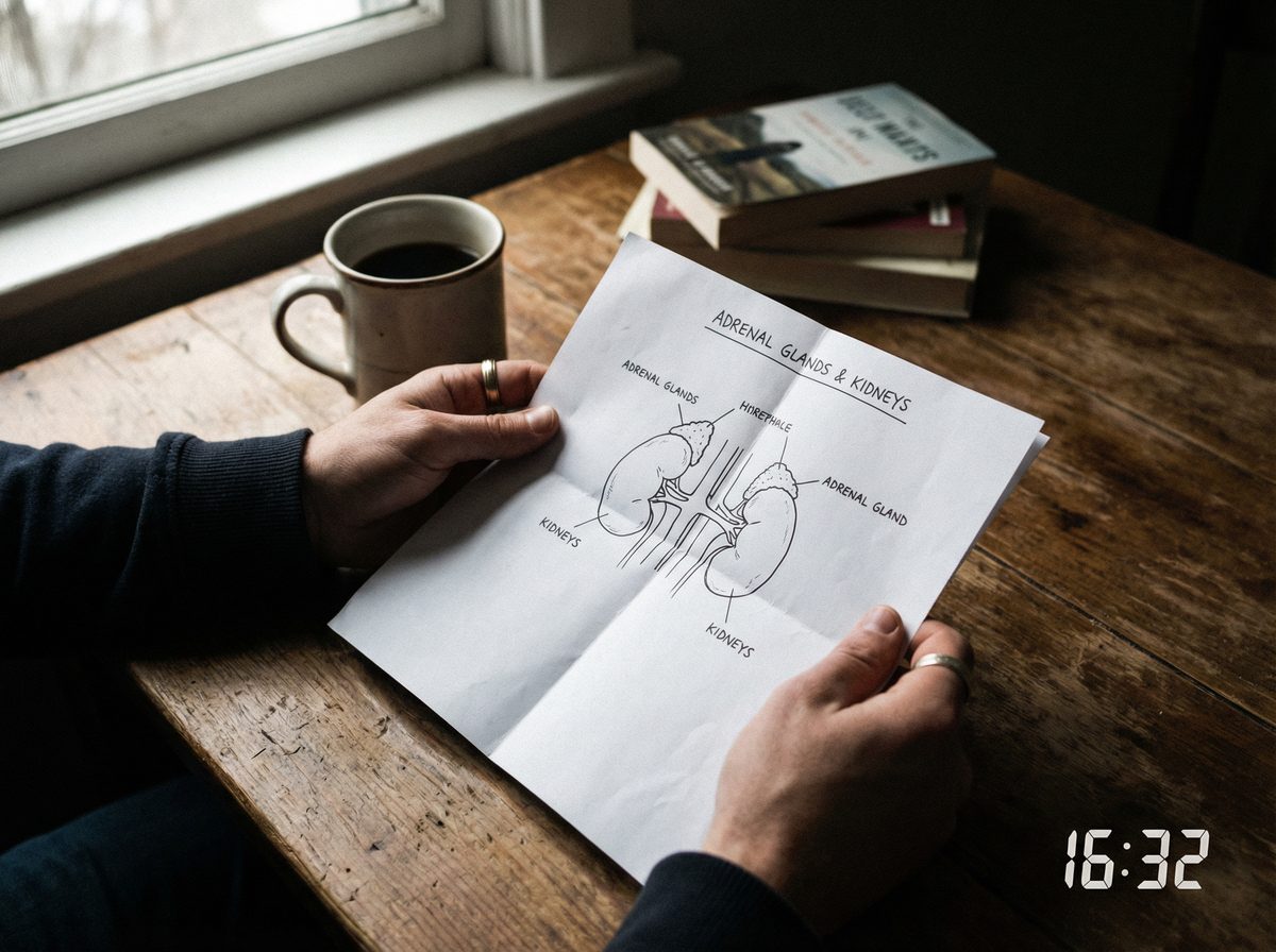 Hands holding an anatomy diagram of adrenal glands and kidneys on a wooden desk with a cup of tea nearby