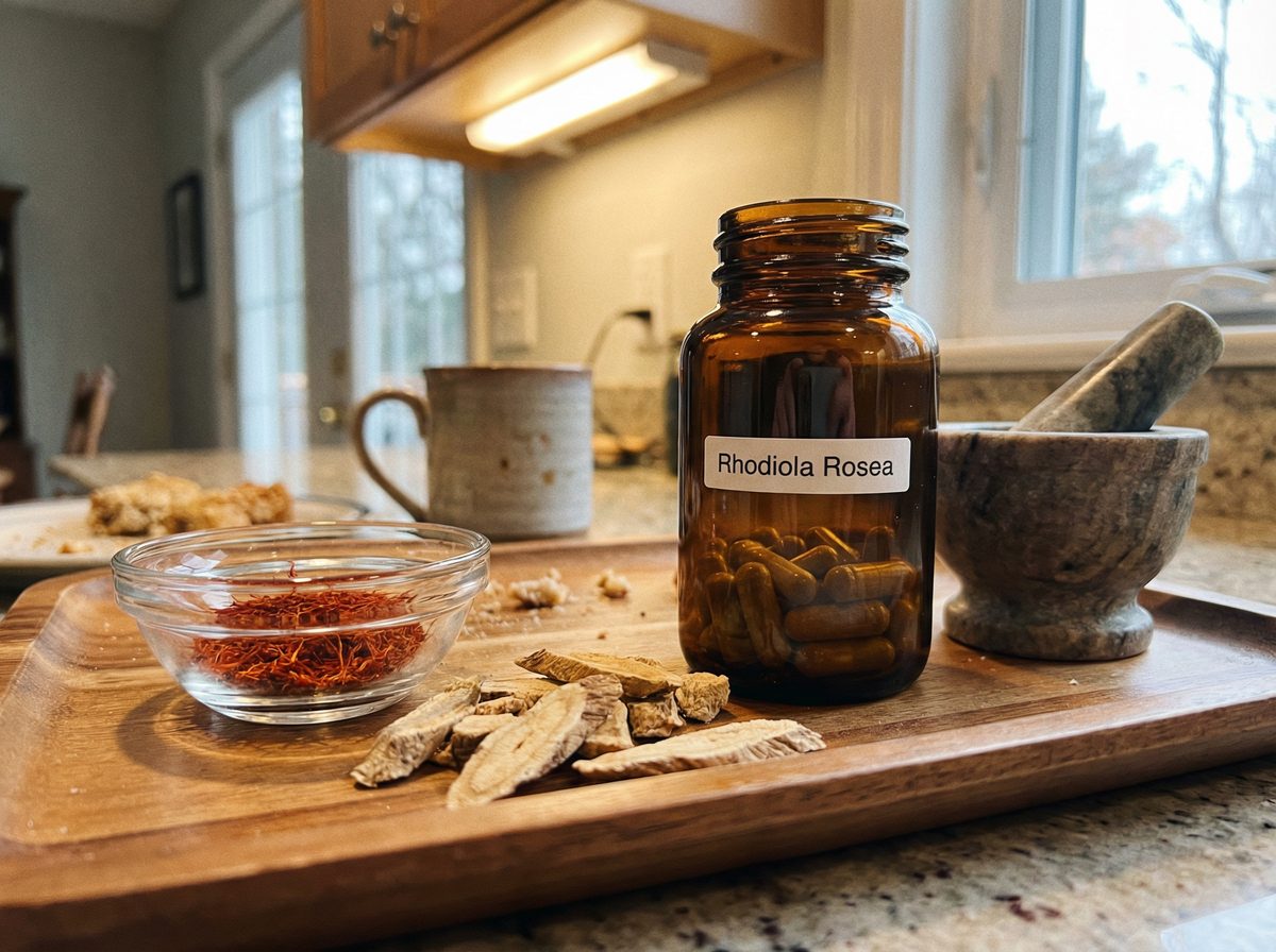 Wooden tray with saffron threads, dried astragalus root, rhodiola rosea capsules, and a mortar and pestle on a kitchen counter