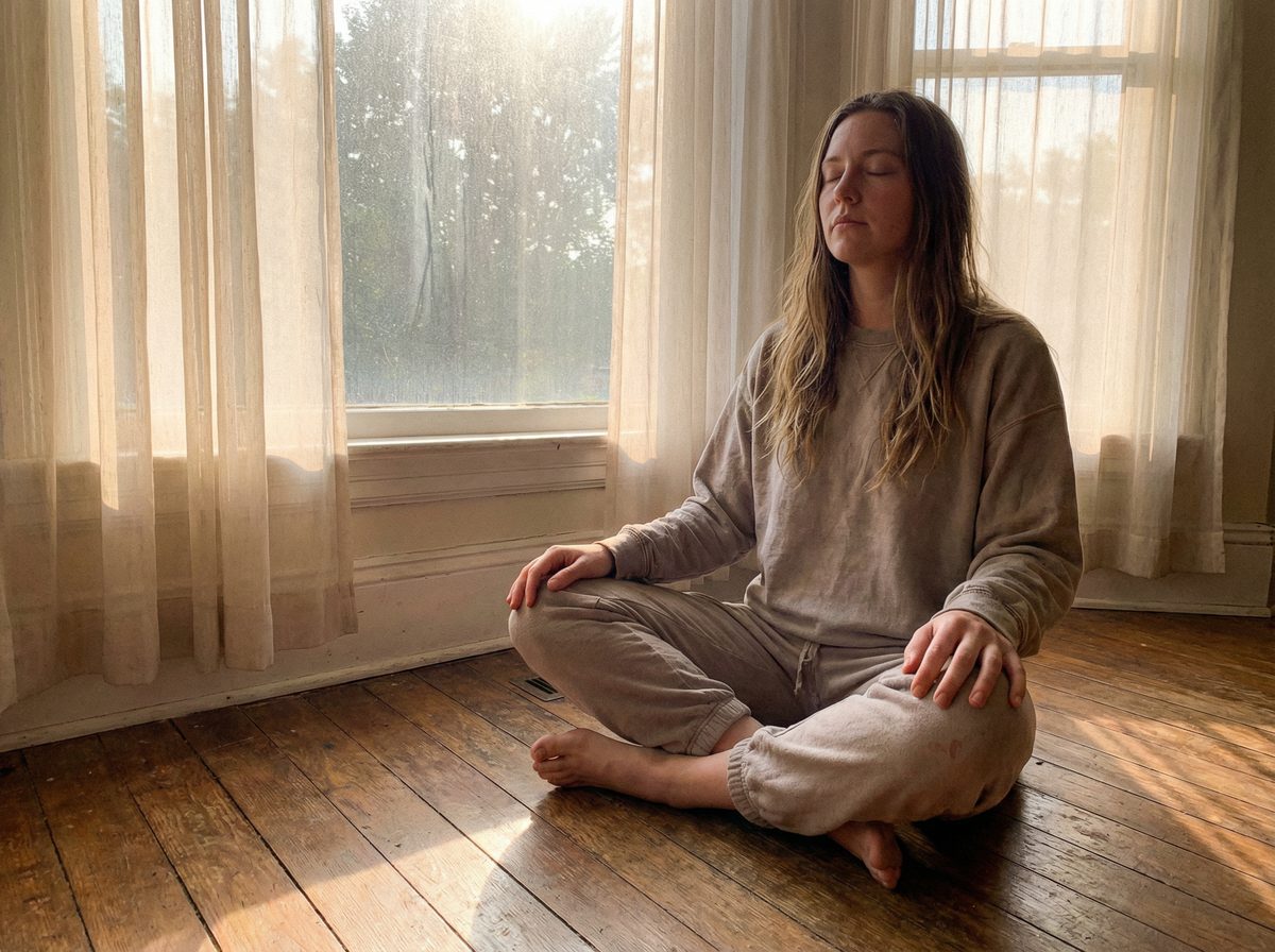 Person sitting cross-legged on a wooden floor in morning light, doing breathwork with eyes closed